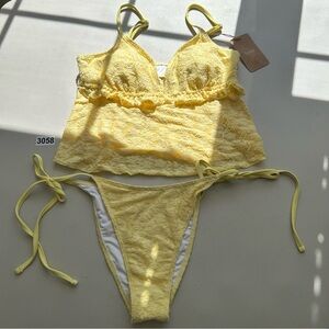 Samiol Medium Yellow Polyester Knitted Jacquard Ruffle Tankini Set